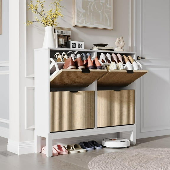 Homhougo Shoe Storage Cabinet with 4 Flip Drawers, Farmhouse Fluted Shoe Organizer with Metal Legs, Freestanding Hidden Slim Narrow Shoe Rack for Entryway, Foyer, Hallway