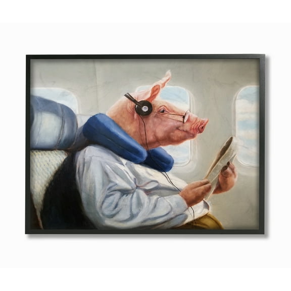 The Stupell Home Decor Pig Doing Some Light Reading on a Flight Funny Framed Texturized Art Design By Lucia Heffernan