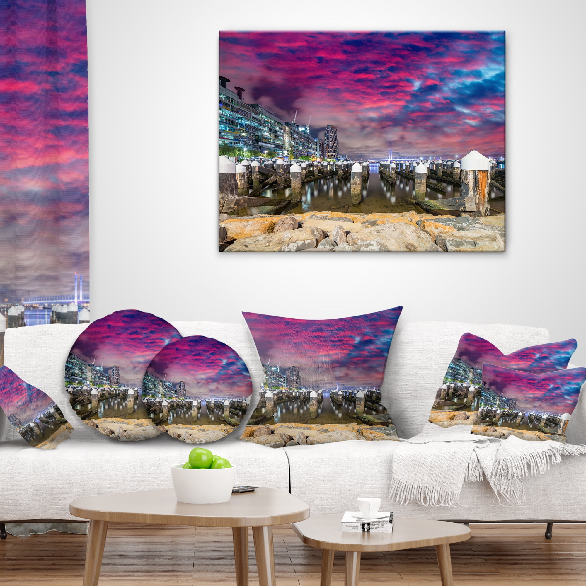 Designart Pier at Melbourne Harbor - Seascape Photography Throw Pillow - 12x20