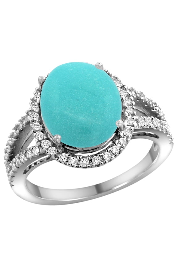 14k White Gold Natural Turquoise Ring Oval 12x10mm Diamond Accents, size 10
