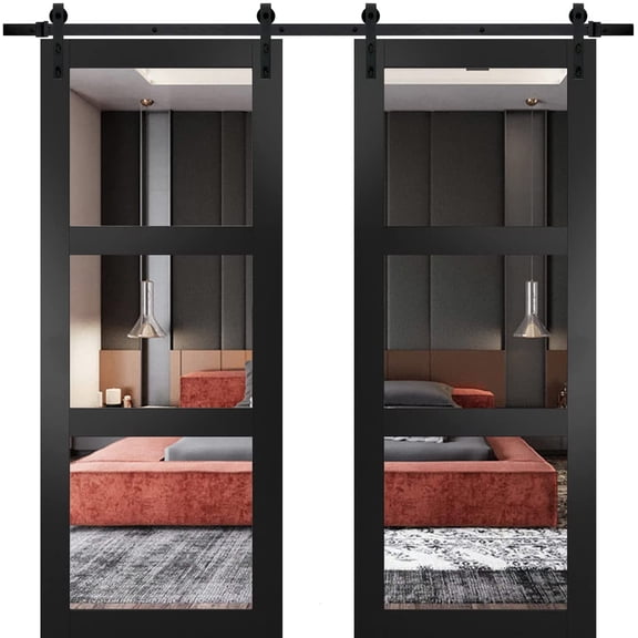 Lucia 2555 Matte Black, Double Barn Door with Clear Glass, 13FT Kit - 56" x 80"