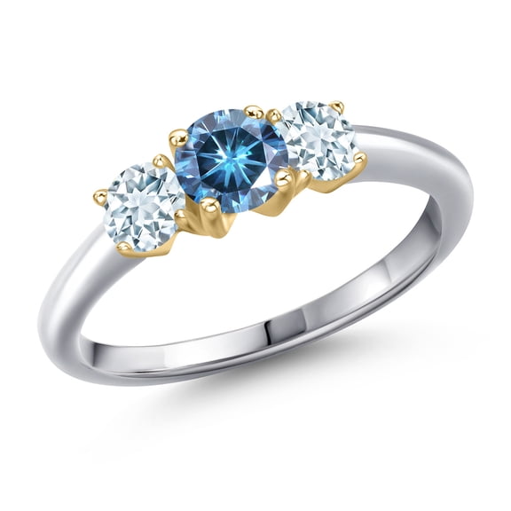Gem Stone King 925 Silver and 10K Yellow Gold Persian Blue Moissanite and Sky Blue Aquamarine Engagement Ring for Women | 1.00 Cttw | Round 5MM | Gemstone Birthstone | Size 9