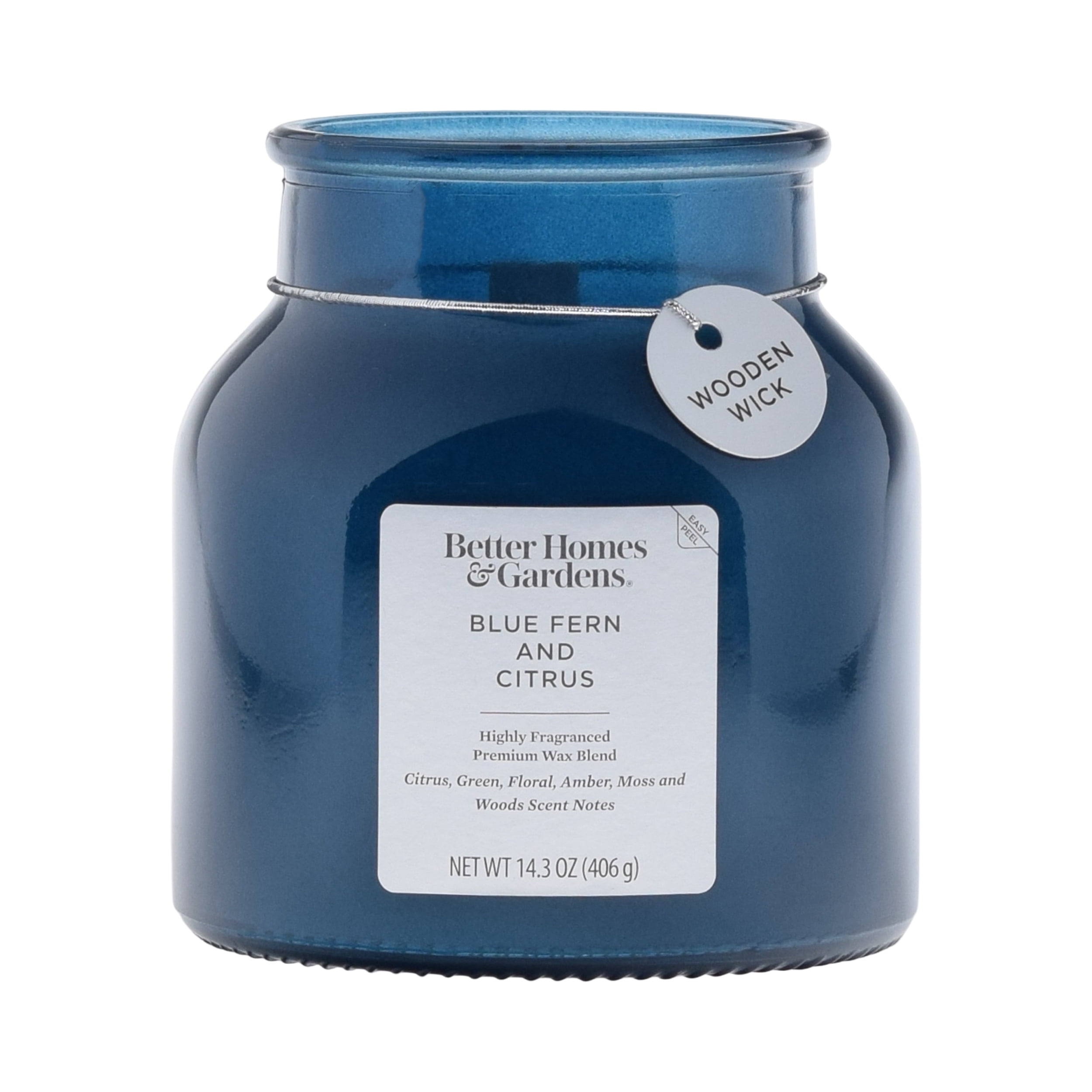 Better Homes & Gardens Blue Fern and Citrus Scented Wooden Wick 14.3oz Jar Candle