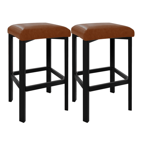 Modern PU Leather Counter Height Bar Stools Set of 2 – 24" Padded Kitchen Chairs – 2" Thick Cushion – Heavy Duty Metal Frame – Easy Assembly – Ideal for Kitchen Island, Bar Counter – Brown, 2PC Set