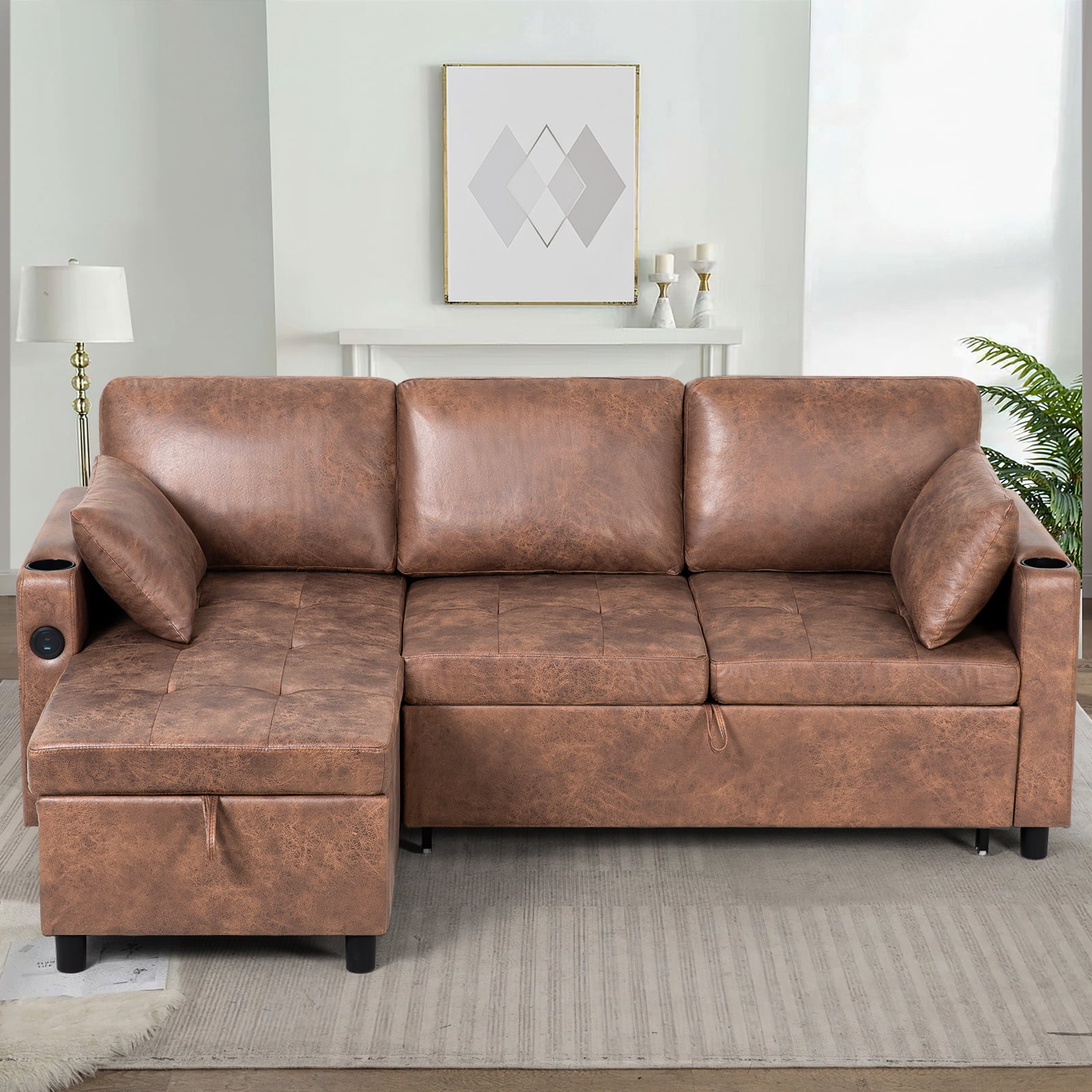 ACMEASE 84" Suede Leather Sectional Sofa w/Adjustable Backrests, Pull Out Sofa Bed w/USB Charger Port& Reversible Storage Chaise,Convertible L-Shaped Sofa with Cup Holders for Living Room,Brown