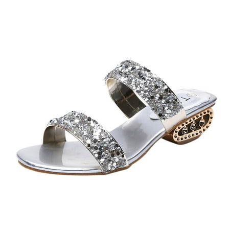 

sandals for Women Fashion Summer Women Sandals Thick Heel Low Heel Double Strap Shiny Sequins Sexy PU Dress Sandals for Women Silver