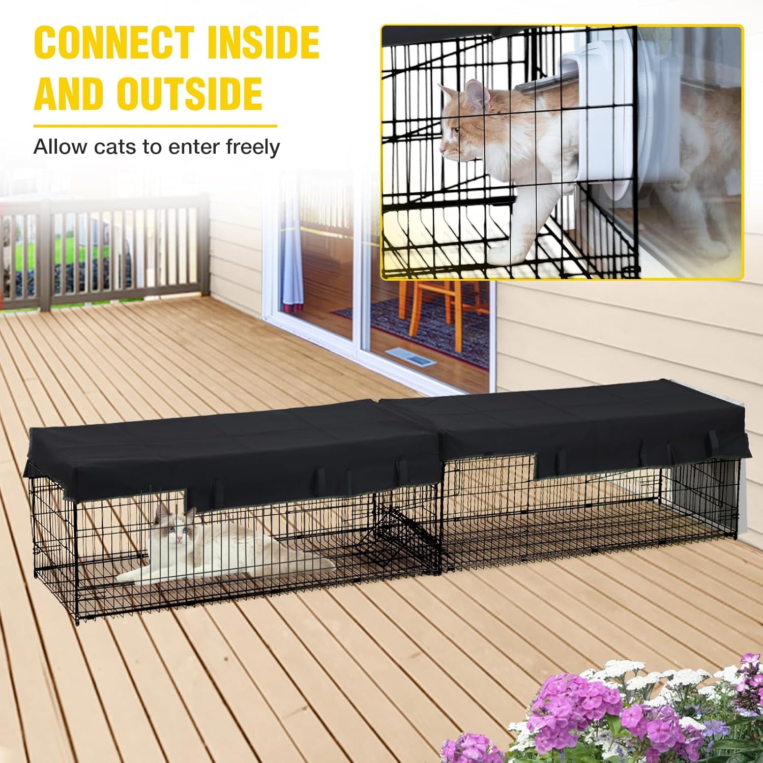 Aivituvin Cat Tunnel with Extendable Design 90.6" L, Metal Wire Outdoor Cat Enclosure with Weatherproof Fabric Cover, Connecting Inside and Outside, for Deck Patios, Balconies