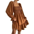 thumbnail image 2 of Women'S Square Neck Lantern Long Sleeve Ruffle Shirred Flowy Party Mini Dress Light Brown XL, 2 of 9