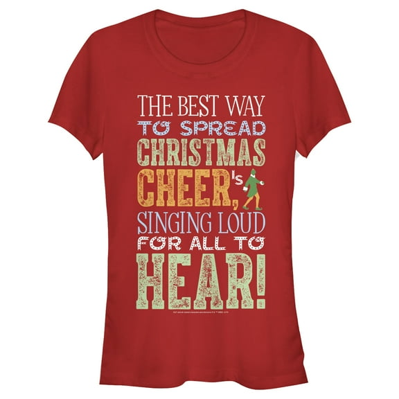 Junior's Elf Christmas Sing For Cheer Quote  Graphic Tee Red Medium