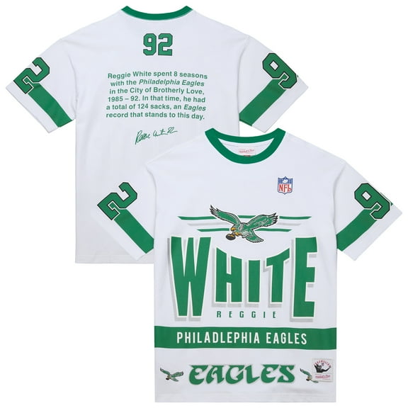 Men's-Mitchell & Ness Reggie White White Philadelphia Eagles Name & Number Team Origins Vintage Logo T-Shirt