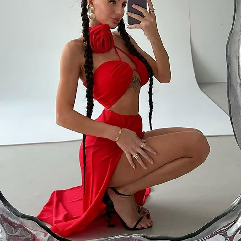 Women's 2 Piece Summer Tie Bralette Top & Double Slit Skirt Set Sexy Midi  Long Skirt for Beach : : Clothing, Shoes & Accessories
