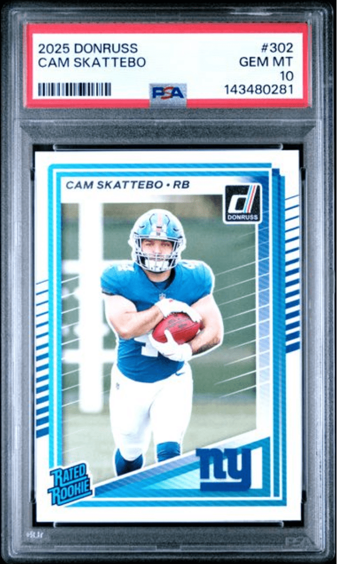 Graded 2025 Panini Donruss Cam Skattebo #302 Rookie RC Football Card PSA 10 Gem Mint