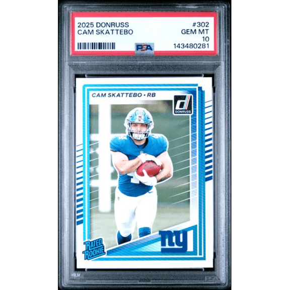 Graded 2025 Panini Donruss Cam Skattebo #302 Rookie RC Football Card PSA 10 Gem Mint