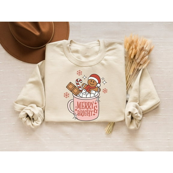 Christmas Hot Chocolate Sweatshirt, Merry And Bright Sweater, Gingerbread Shirt, Cozy Holiday Sweater