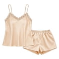 thumbnail image 3 of Craaazy Women V Neck Lace Trim Satin Cami 2 Piece Set Spaghetti Strap Tops and Elastic Waist Shorts Sleepwear Gifts, 3 of 3