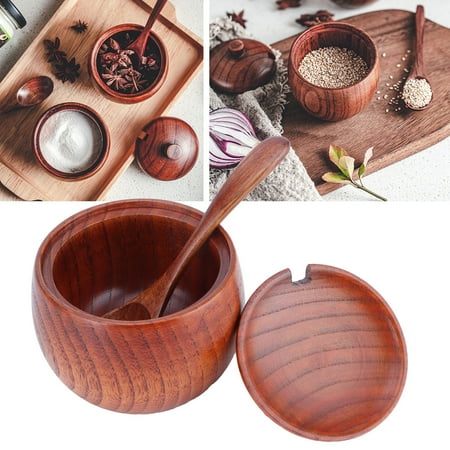 

Zerodis 150ml Wooden Salt Box With Lid Spoon Vintage Spice Jar Seasoning Container For Home