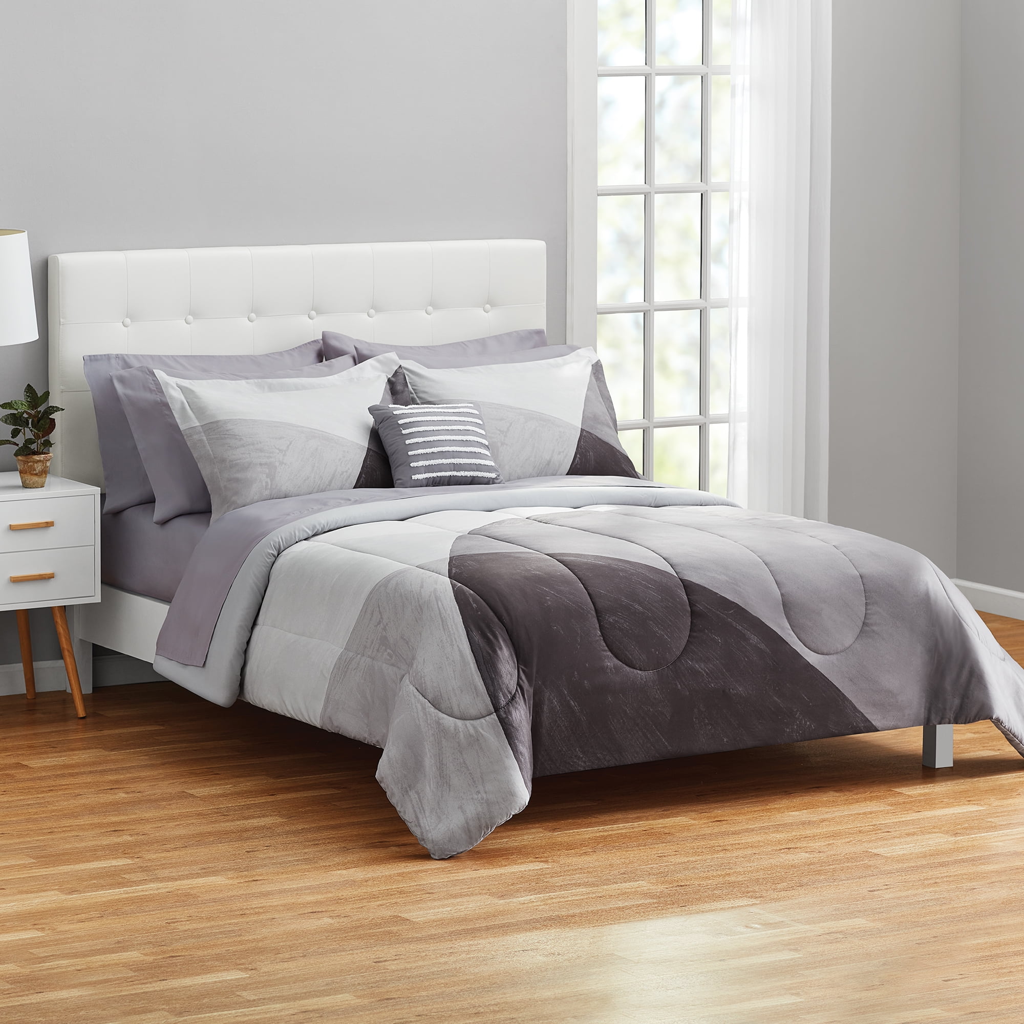 Mainstays 10 Piece Grey Color Block Bed in a Bag Comforter Set with Sheets, Full