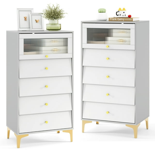 Gymax 2 Pcs Commode à 4 Tiroirs 44,5 Pieds' de Hauteur Commode Commode avec Porte en Verre Cannelé Relevable