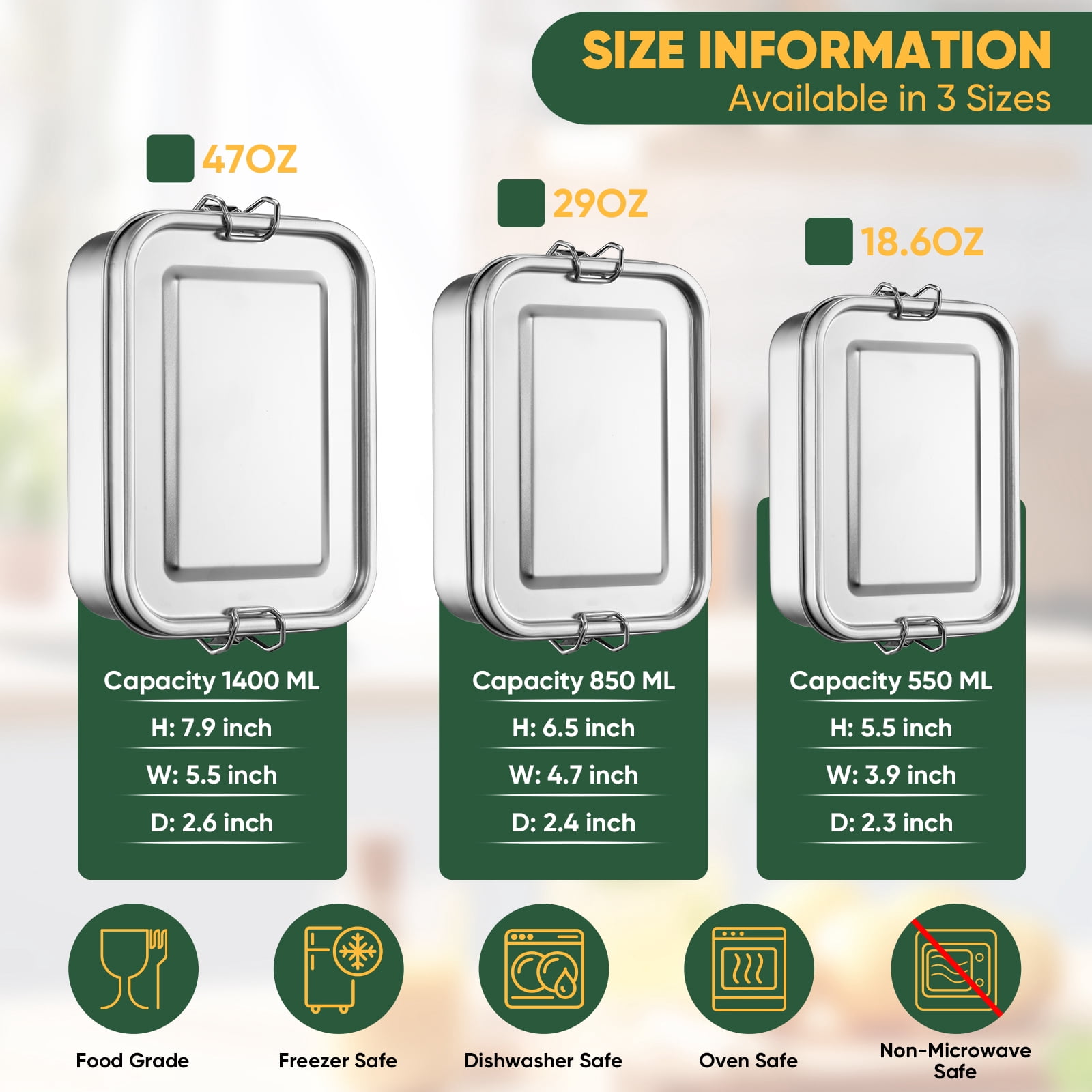 Vesteel Bento Box Set of 3 (47oz /29oz /18.6oz), Stainless Steel Lunch Box Metal Food Storage Container with Removable Dividers, Portable & Leak-Proof Meal Prep Container with 3 Compartment