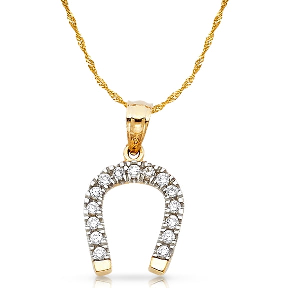 14K Yellow Gold Cubic Zirconia CZ Lucky Horseshoe Charm Pendant with 1.2mm Singapore Chain Necklace