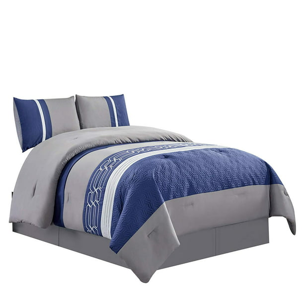 Embroidered Quilted Goose Down Alternative Comforter Set Twin Or Queen Size Bedding Includes Blue Grey White Comforter And Pillow Shams Lola Twin Blue Walmart Com Walmart Com