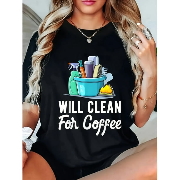 Women's T-Shirt - Casual Short Sleeve Round Neck Tee with Coffee Cup & Beans Design, 100% Cotton, High Elasticity Machine Washable, Spring Summer Fall Casual Attire, Playful Design Shirt