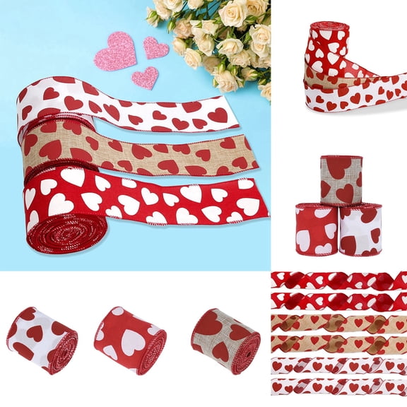 3Rolls Valentine's Day Wired Edge Ribbon Red White Love Heart Ribbon 2.5 Inch Craft Fabric Ribbon for Wedding Anniversary Party Decor, DIY Wreath Bows Making, Gift Wrapping Supplies