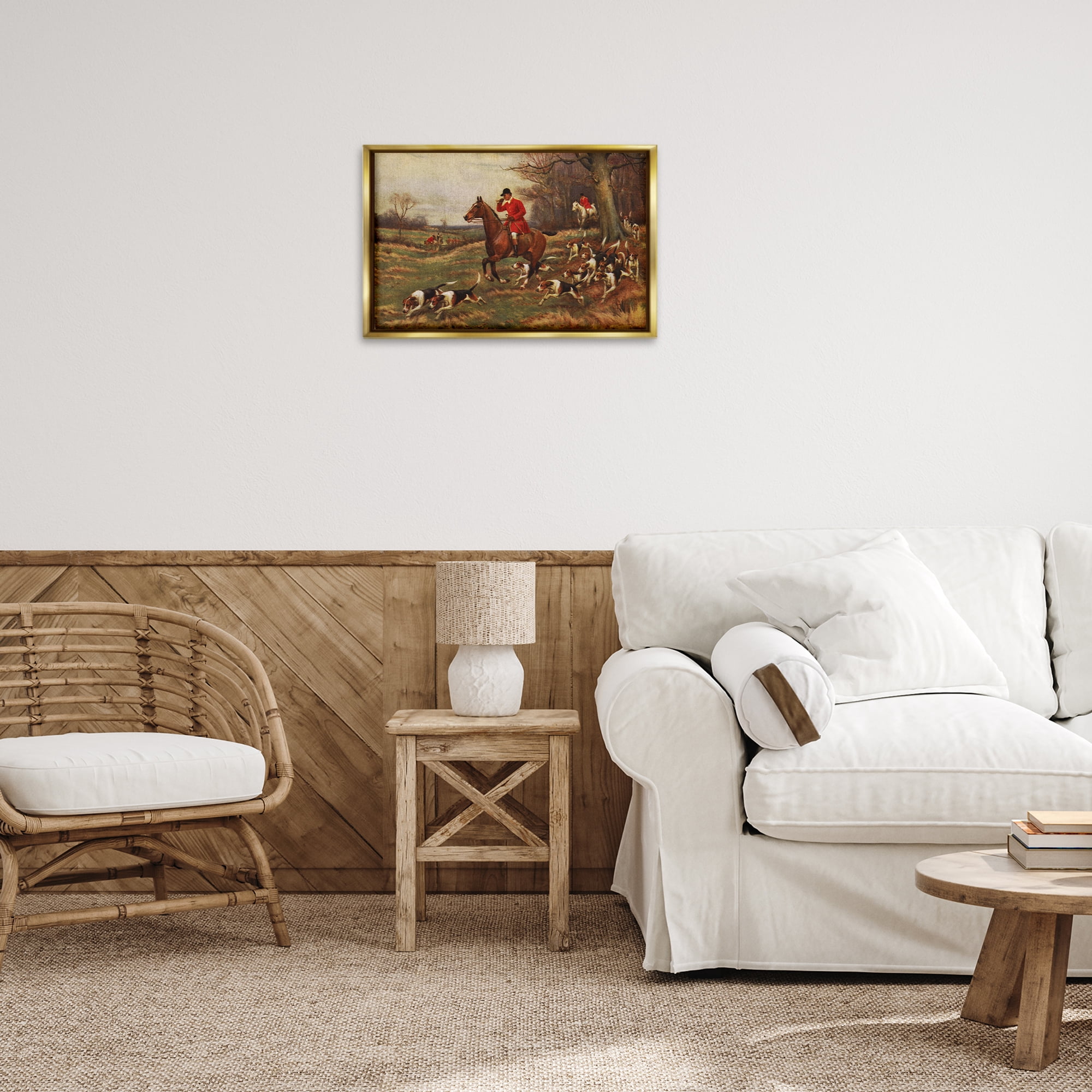 Stupell Industries Vintage Hunting Party Dogs People Painting Gold Floater Framed Canvas Art Print Wall Art, 25 x 17