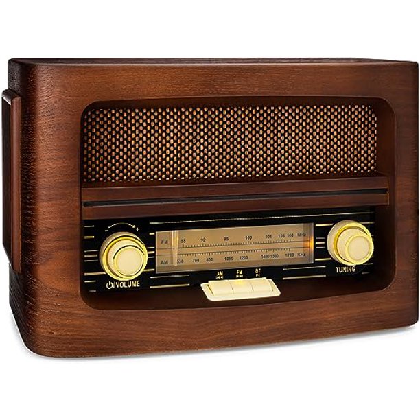 ClearClick Radio AM/FM clásica estilo retro vintage con Bluetooth, entrada auxiliar y USB - Exterior de madera hecho a mano marrón oscuro
