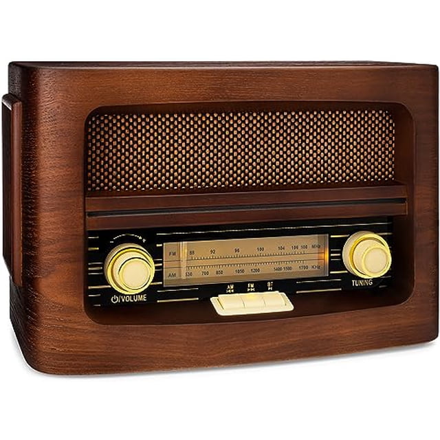 ClearClick Radio AM/FM clásica estilo retro vintage con Bluetooth, entrada auxiliar y USB - Exterior de madera hecho a mano marrón oscuro