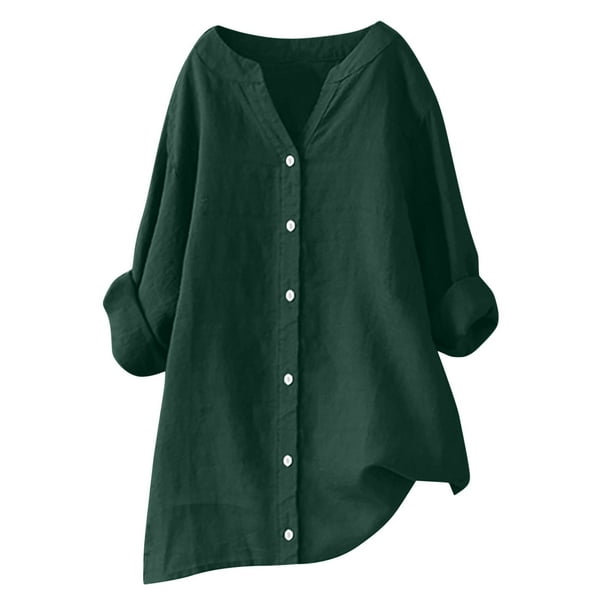 Vestidos Casuales Para Mujer, Blusas De Mujer De Moda Blusa de verano para mujer con cuello en V, manga larga, botones sueltos y lino