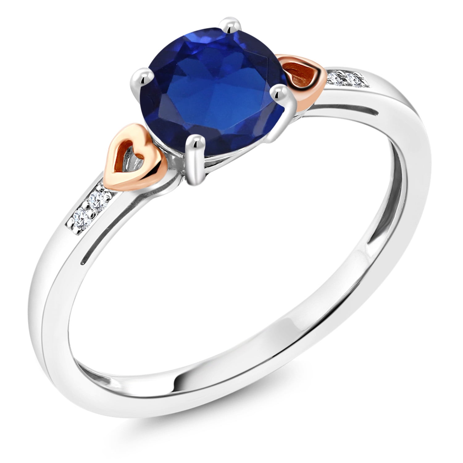 Gem Stone King 1.63 Ct Blue Created Sapphire and White Diamond 925 Silver and 10K Rose Gold Ring for Women | Round 7MM | Wedding Engagement Anniversary Promise Ring for Women