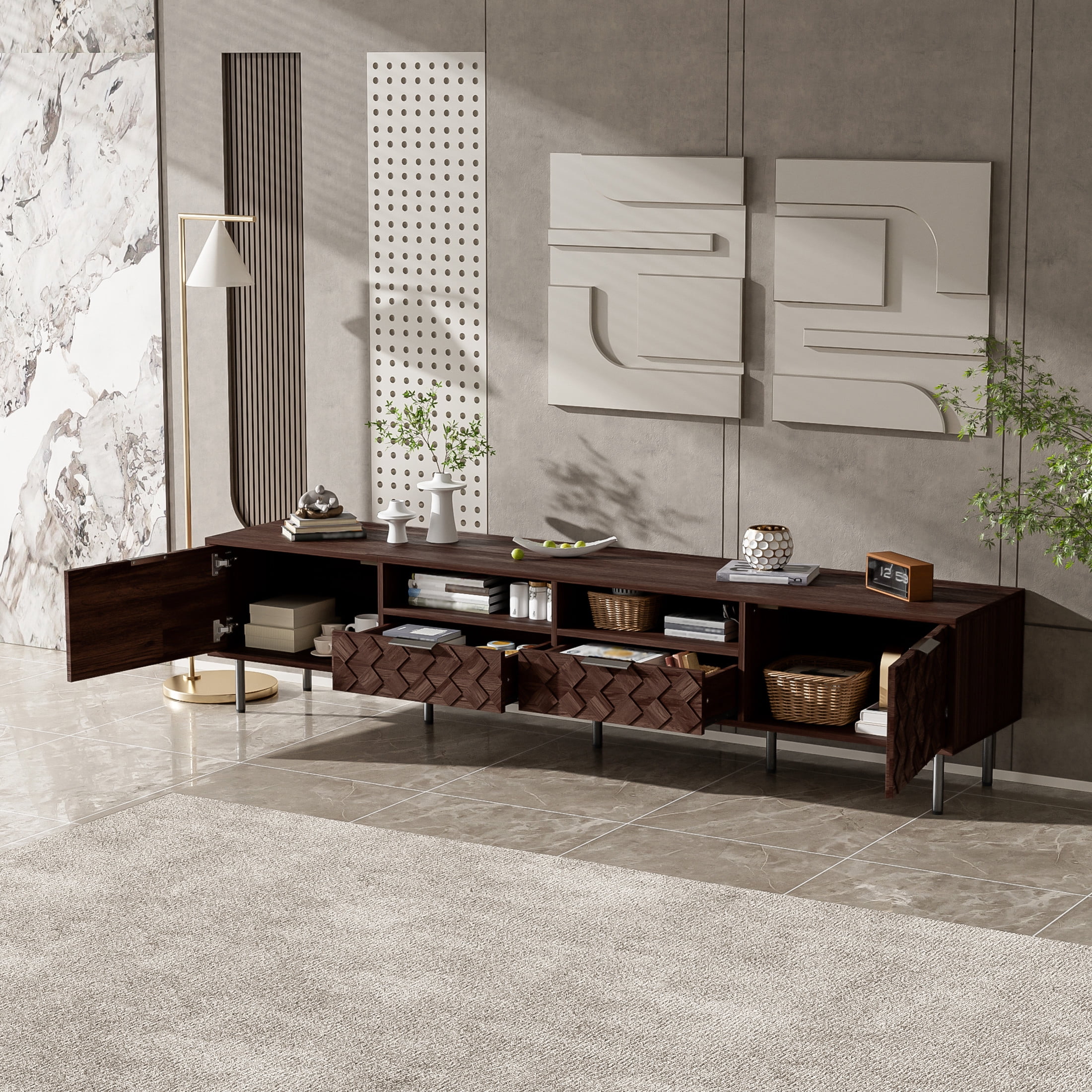 Noble House Modern TV Stand for TVs up to 85" with Storage Cabinets, Drawers and Open Shelves, Dark Brown