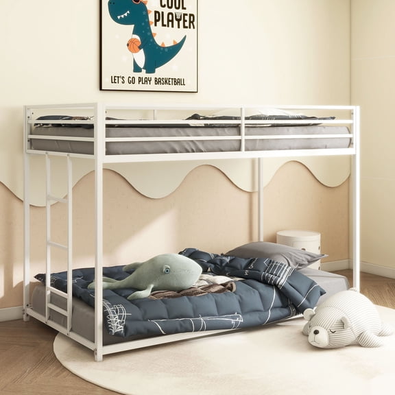 Kumix Twin over Twin Bunk Bed, Metal Bunk Bed with Full Length Guardrail and Build-in Ladder for Teens Adults, Low Bunk Bed for Bedroom, Dorm, Easy Climbing, Noise-Free, White