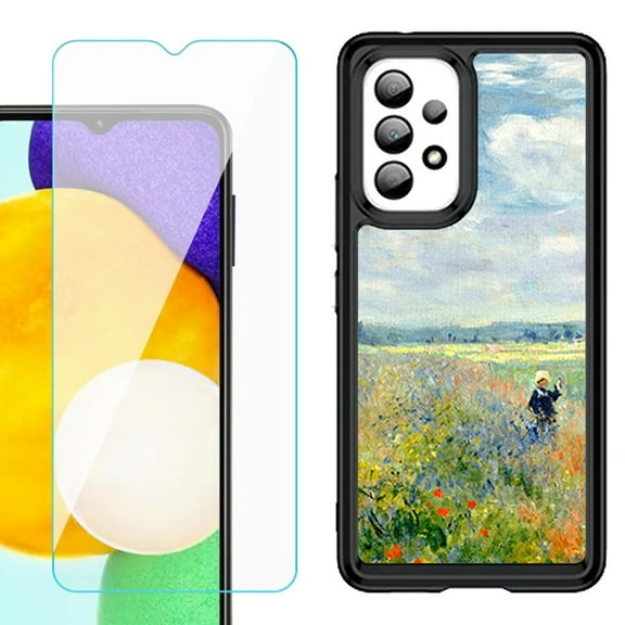 Shockproof Bumper (Black Frame) phone Case for Samsung Galaxy A23 5G, with Tempered Glass Screen Protector, by OneToughShield ® - Poppy Field