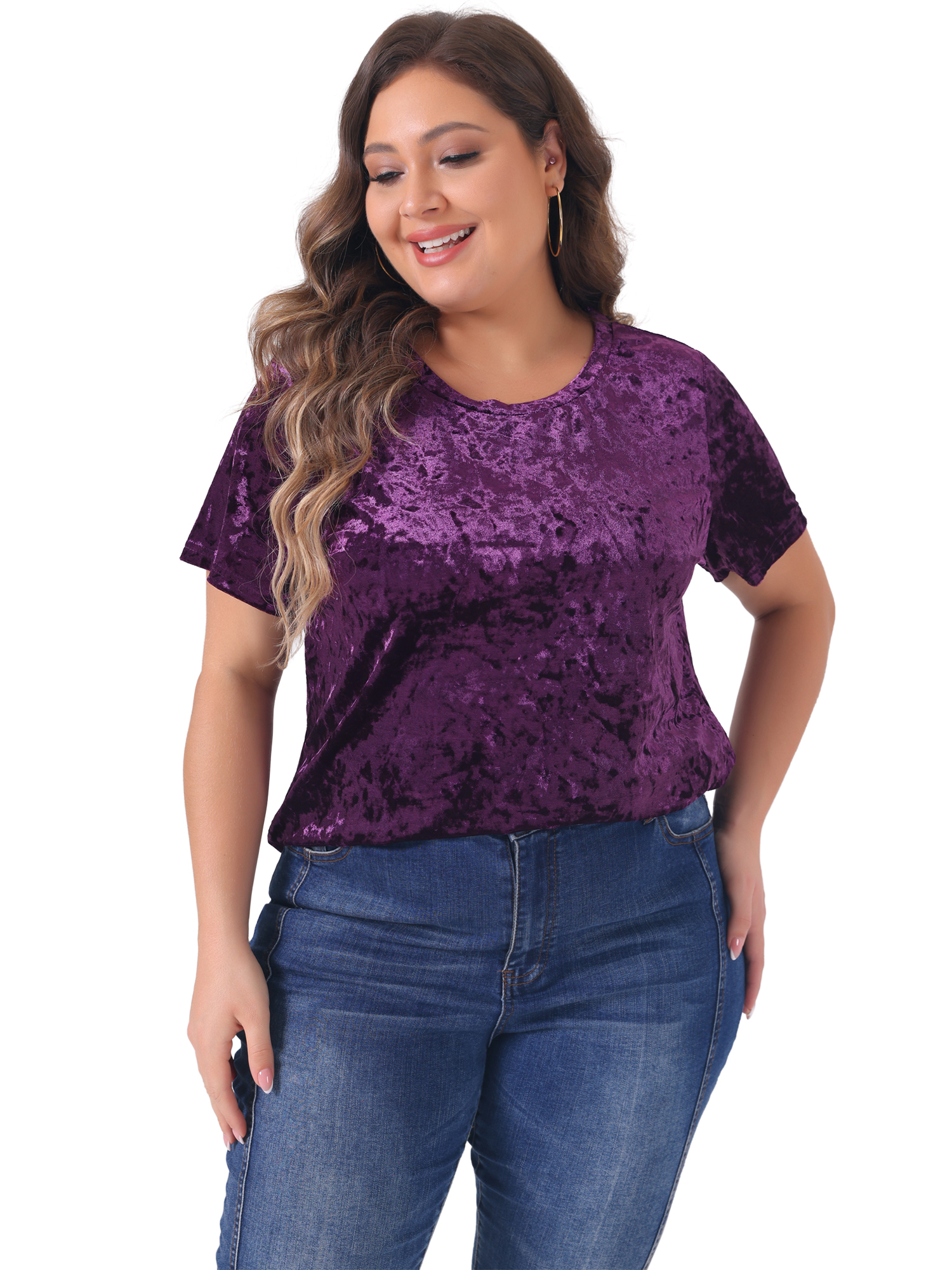 DARING DIVA Women's Plus Crew Neck Short Sleeve Tee Tops Velvet T-Shirt 1X Purple