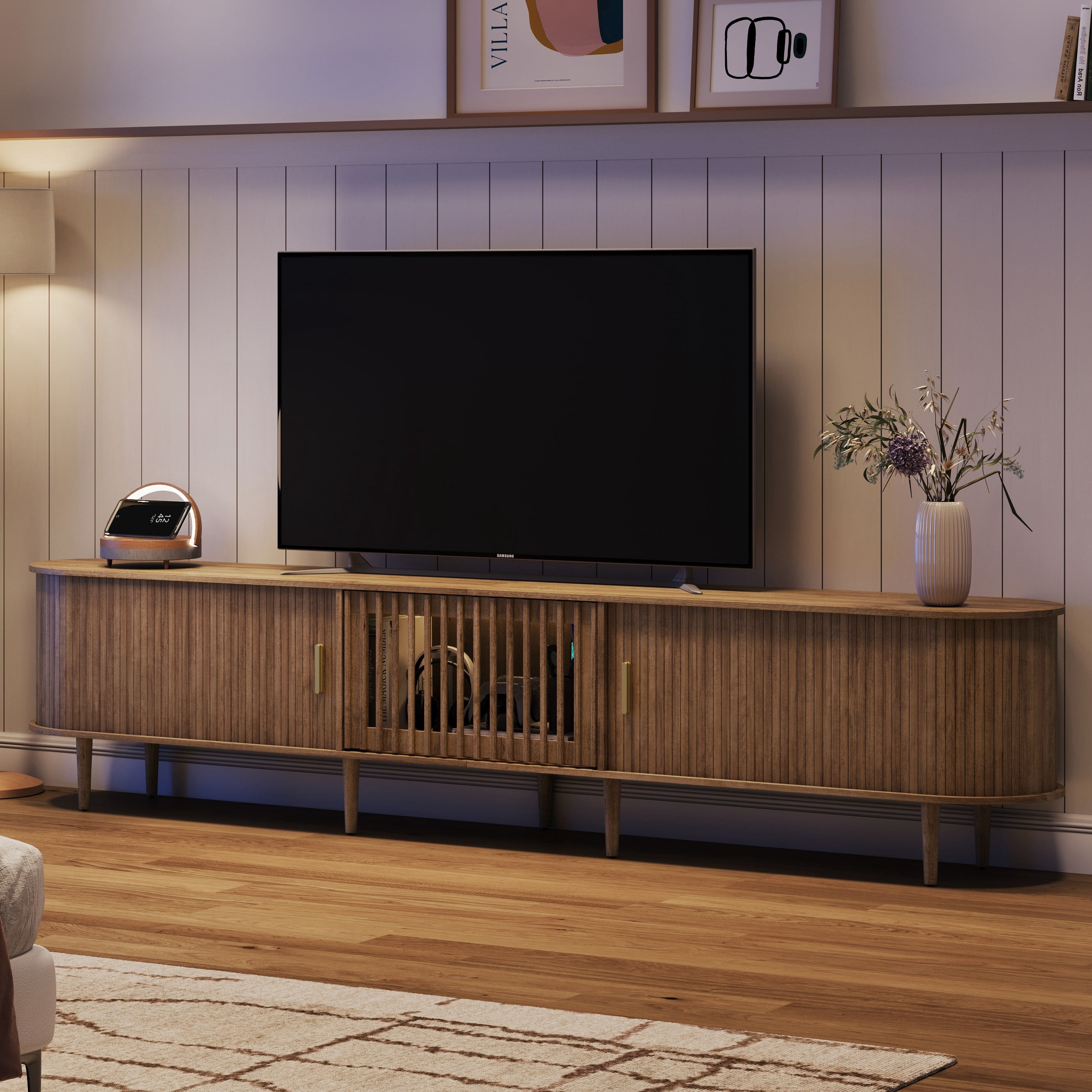 CHIC HOUSE 95" Extra Long TV Stand for 80/90/100" TVs with LED Light, Mid-Century Modern Entertainment Center with Storage Shelves & Sliding Tambour Door, Oak