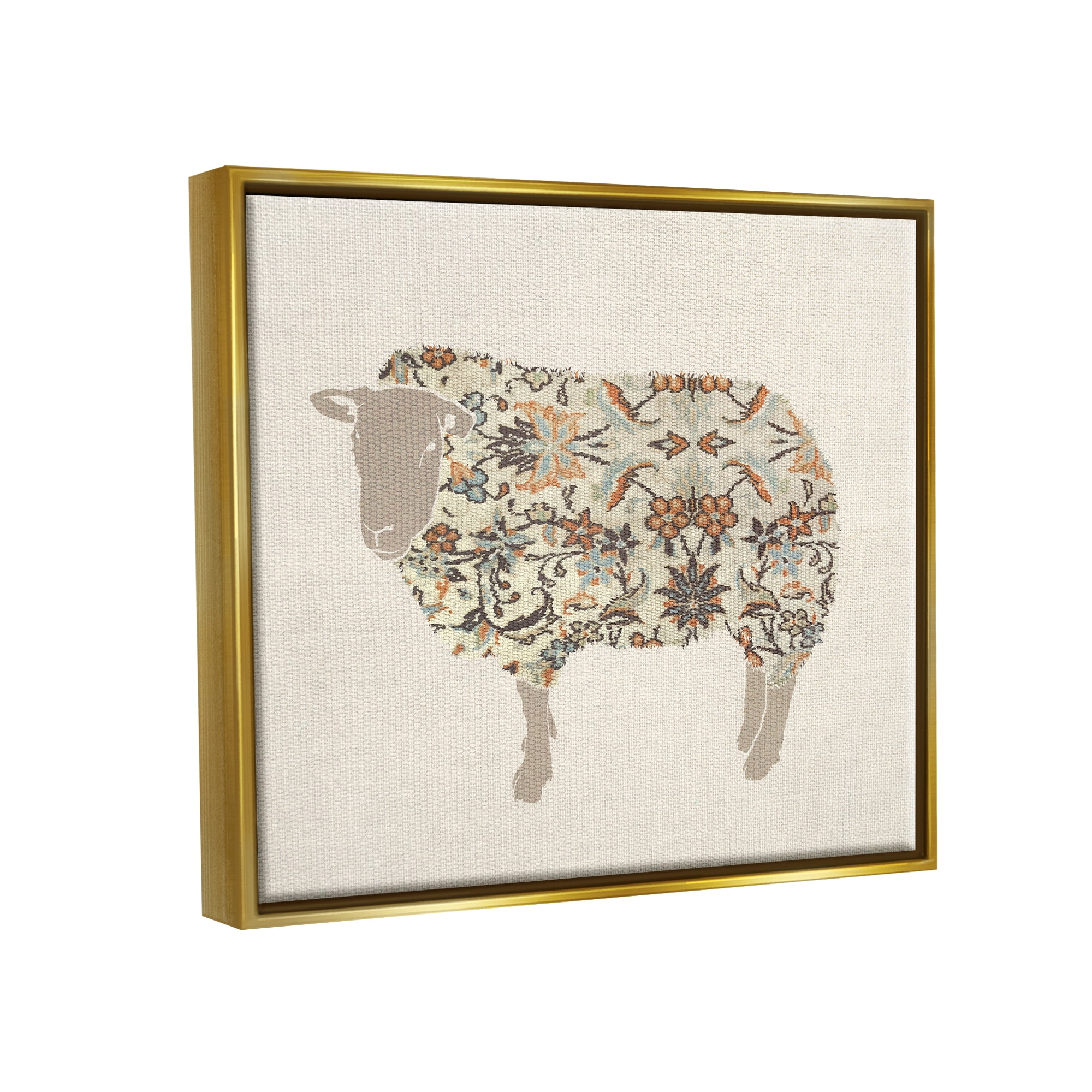 Stupell Industries Traditional Floral Pattern Sheep Animals & Insects Painting Gold Floater Framed Art Print Wall Art, 21 x 17