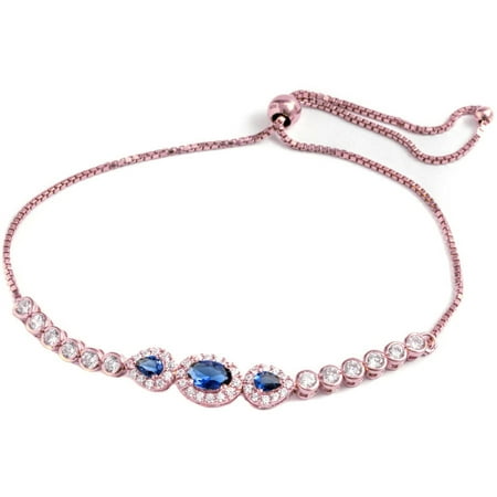Pori Jewelers Blue CZ 18kt Rose Gold-Plated Sterling Silver Circle Friendship Bolo Adjustable Bracelet