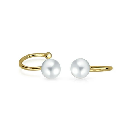 Spiral Cuff - Minimalist Spiral Wire 2 White Freshwater Cultured Pearl Cartilage Ear Cuff Earrings 14K Gold Plated Sterling Silver