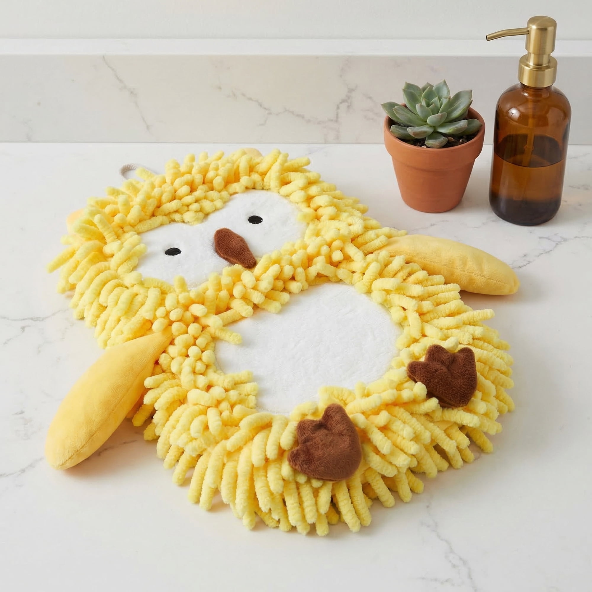 Unique Bargains Cute Owl Shaped Soft Chenille Hanging Hand Towels Yellow 11" x 9"