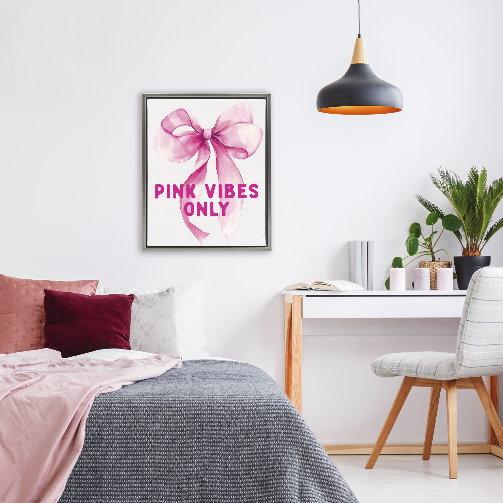 Girly Pink Vibes Only Gray Framed Floater Canvas Wall Art, design by Lettered and Lined