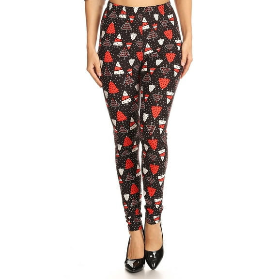 Women's Regular Red White Christmas Tree Pattern Printed Leggings