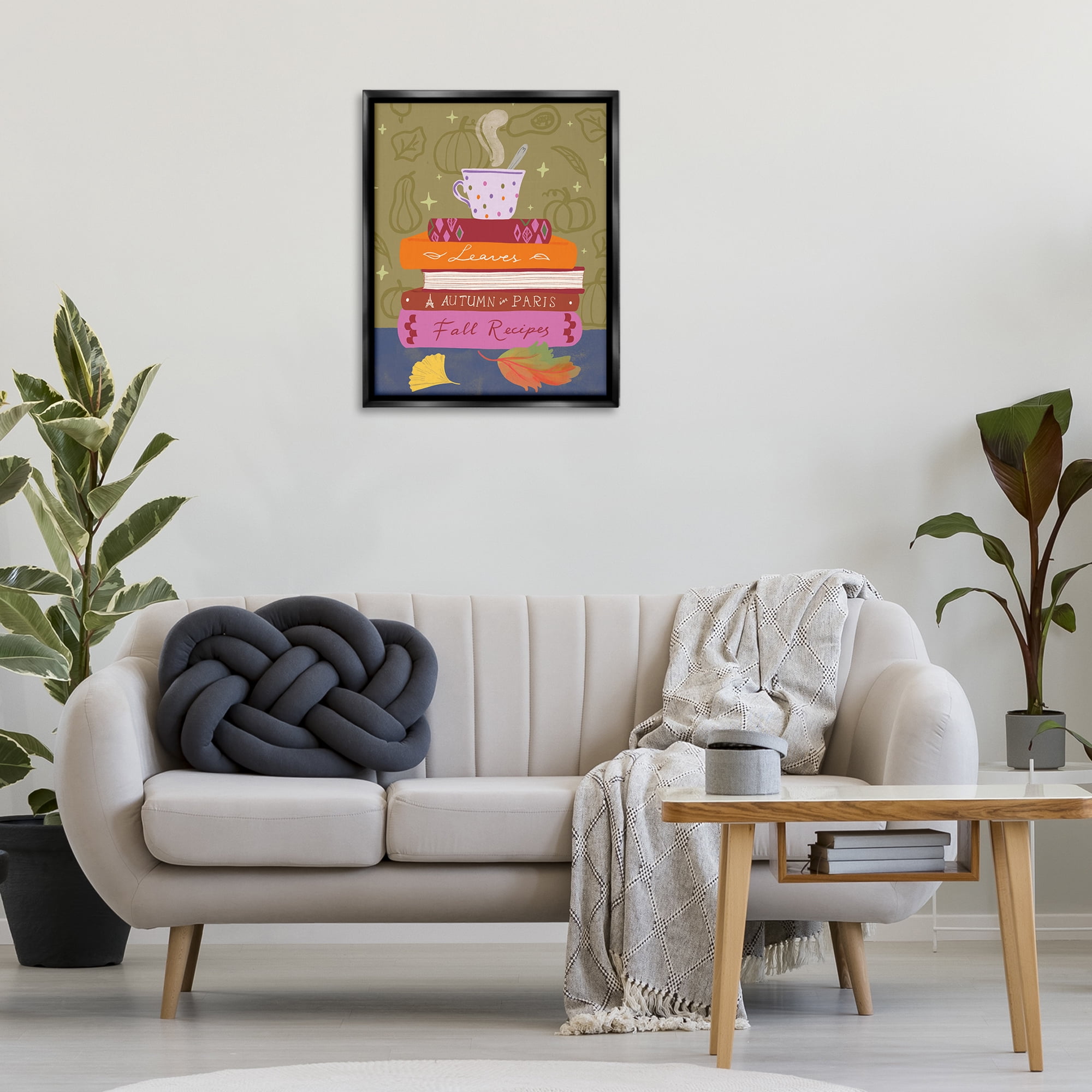 Stupell Industries Autumnal Mug on Bookstack Education Painting Black Floater Framed Canvas Art Print Wall Art, 25 x 31