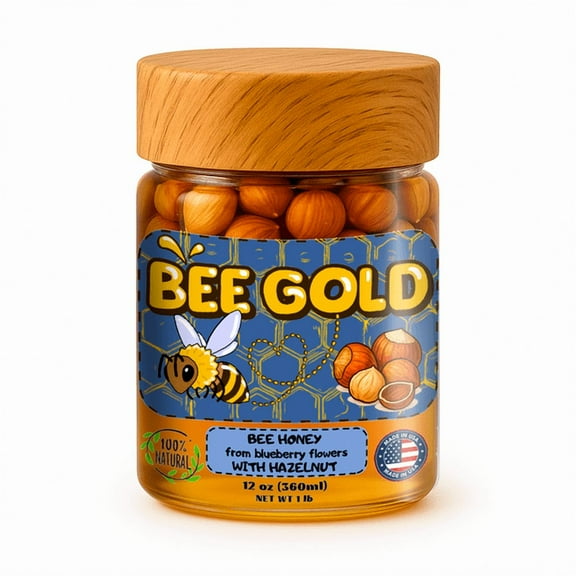 Bee Gold – Raw Blueberry Blossom Honey with Hazelnuts | Gourmet Nut Spread | Clean Ingredients | Supports Active Lifestyles | Unfiltered Honey Nut Spread | No Added Sugar | 12 oz