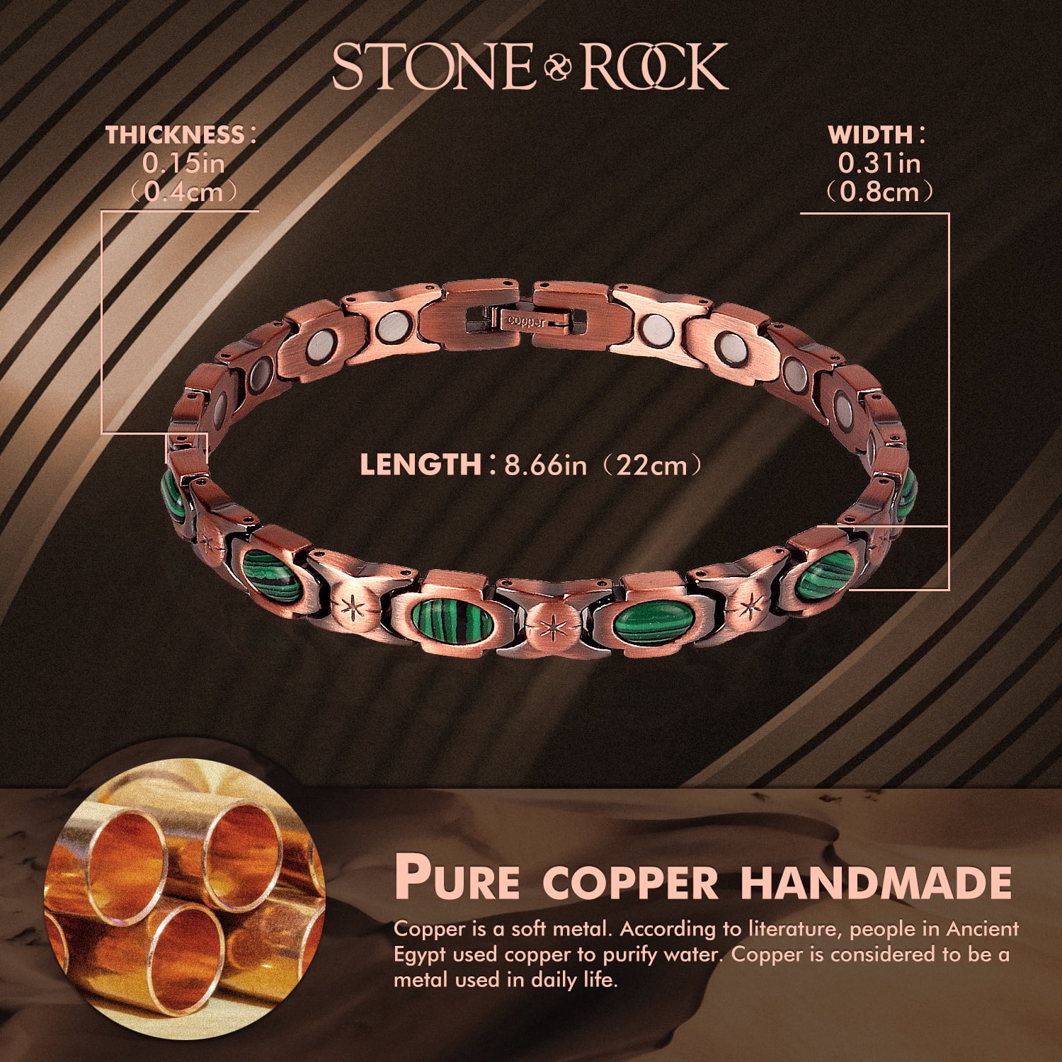 STONE ROCK - Malachite Copper Bracelets for Women or Men - 99.99% Solid Pure Copper Magnetic Bracelets Adjustable