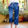thumbnail image 2 of JGGSPWM Women's Spring and Summer Satin Cropped Pants Casual Drawstring Elastic Waist Lightweight Lounge Trousers with Pockets Blue L, 2 of 9