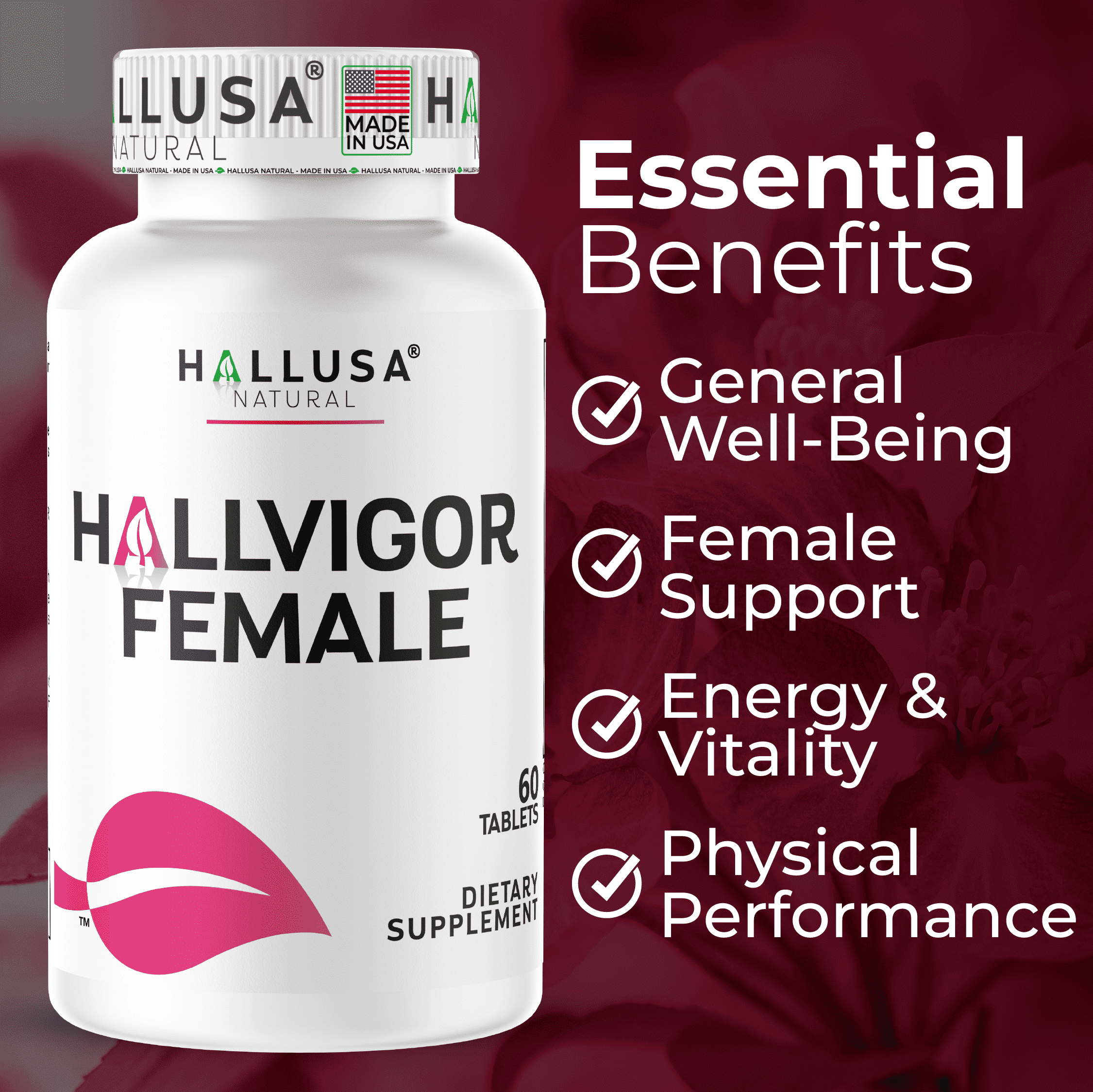 Hallvigor Female – Women’s Vitality & Hormonal Balance Support, Multivitamin & Herbal Blend with Iron, B Vitamins & Ginseng – 60 Tablets
