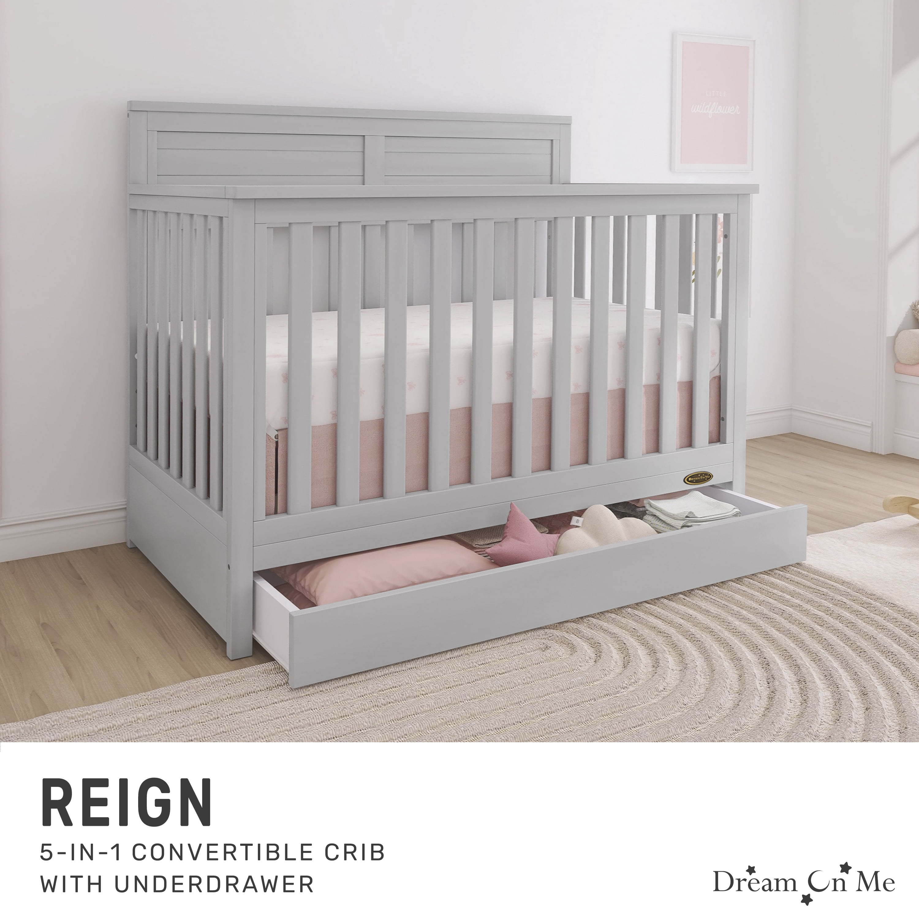 Dream On Me Reign 5 in 1 Convertible Crib with Under Drawer in Pebble Gray