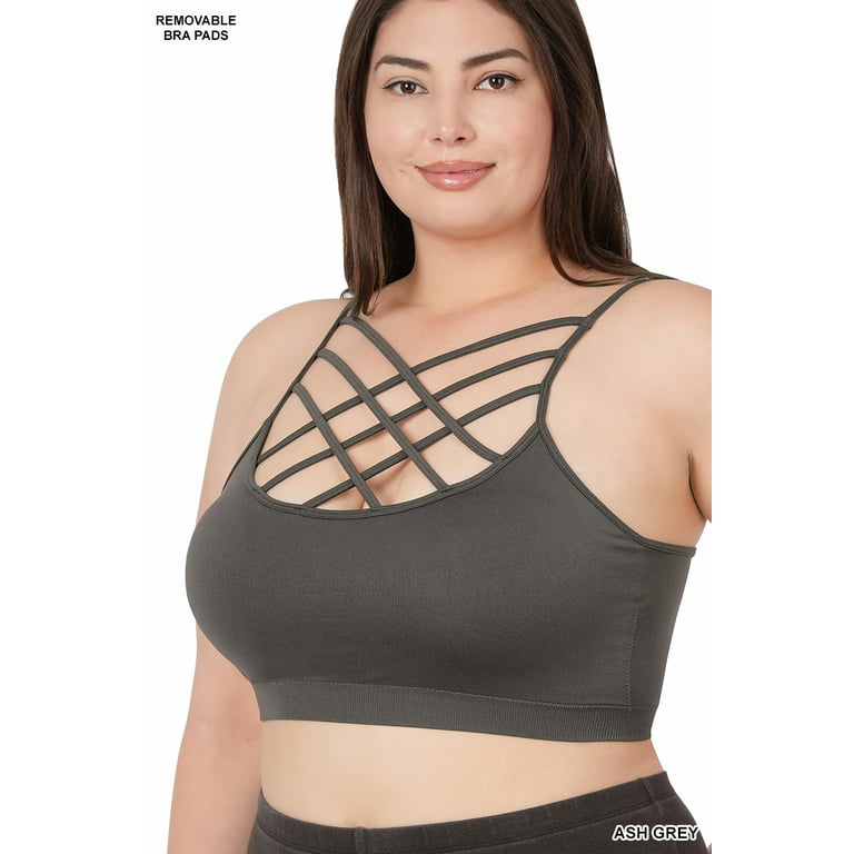 Zenana Women & Plus Comfort Seamless Crisscross Front Strappy Bralette  Sports Bra Top with Removable Pads 